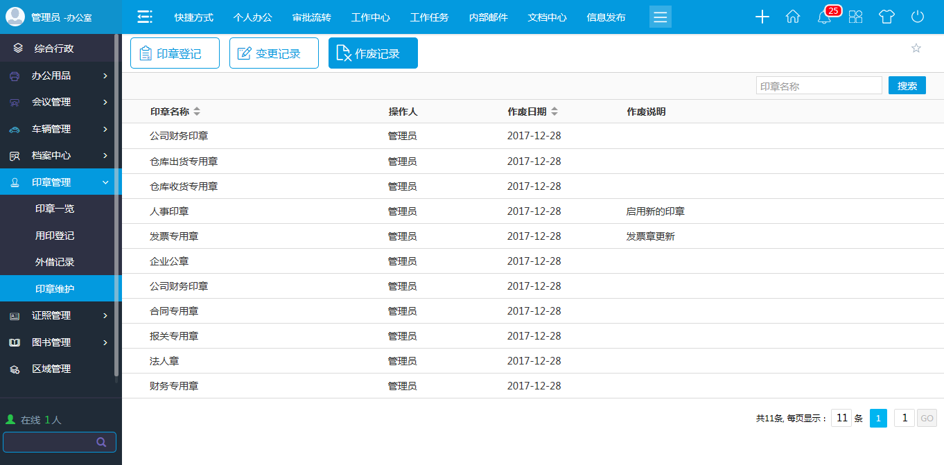 oa印章維護-進行新建、修改、作廢等維護操作